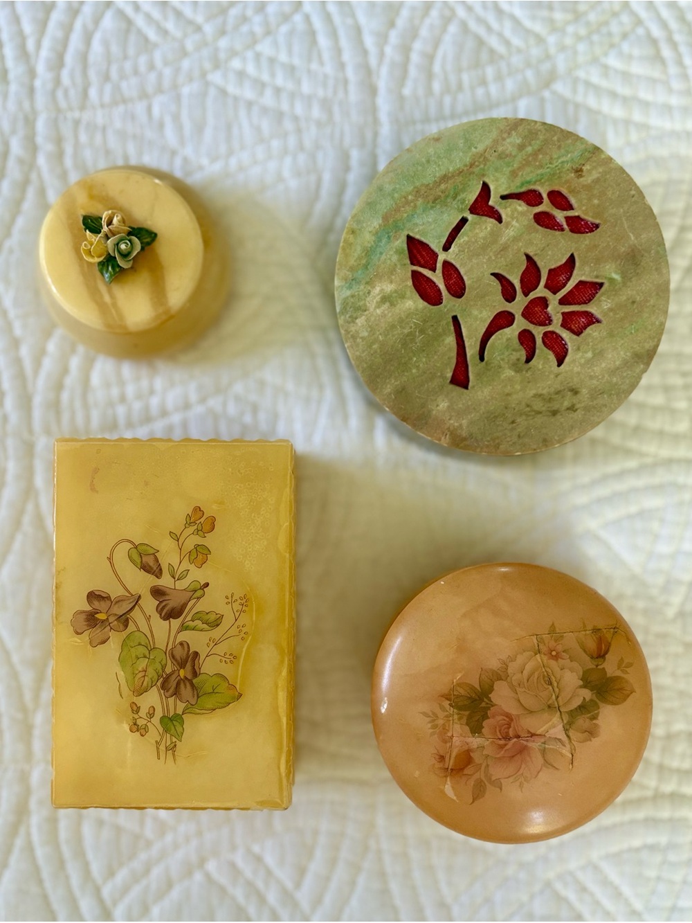 Alabaster Vintage Trinket Dishes  with Floral Detail Set of Two